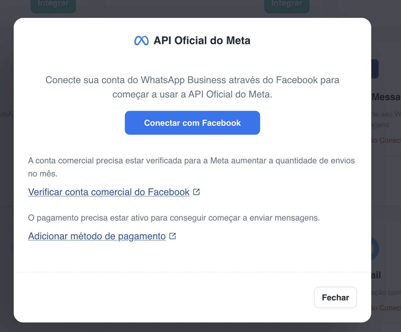 Tela da API Oficial do Meta em Configurações do Zeki, com o botão Conectar com Facebook