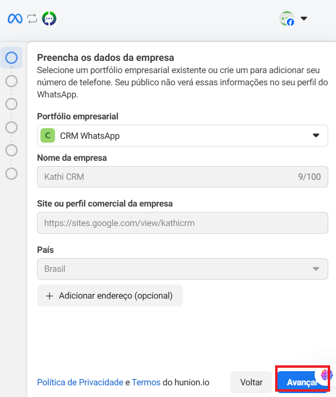 Seleção do portfólio empresarial e confirmação dos dados da empresa