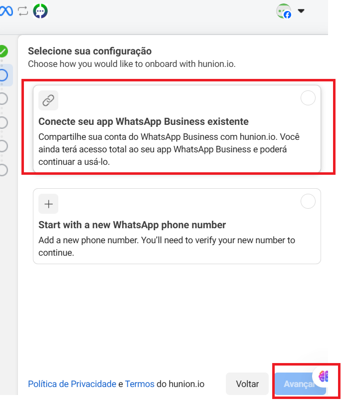 Opção “Conecte seu app WhatsApp Business existente” marcada