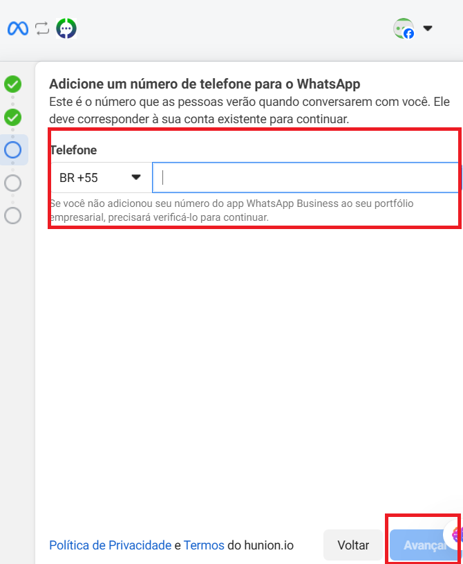 Campo para informar o país e o número do WhatsApp