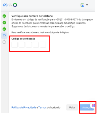 Campo para inserir o código enviado pela Meta