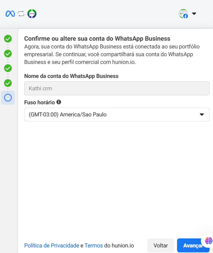 Confirmação do Display name e do fuso horário