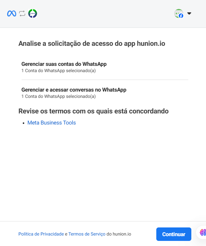 Tela de conexão com a plataforma, com o botão Continuar