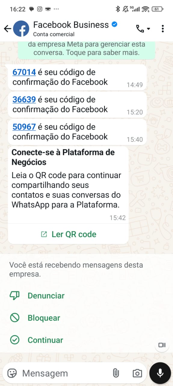 Mensagem recebida no app do WhatsApp Business para leitura do QR Code